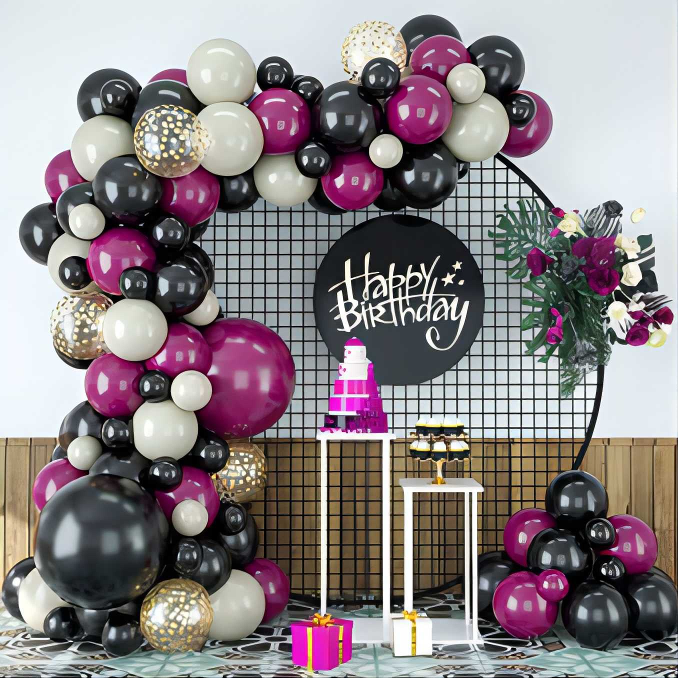 Wine red black sand white balloon garland